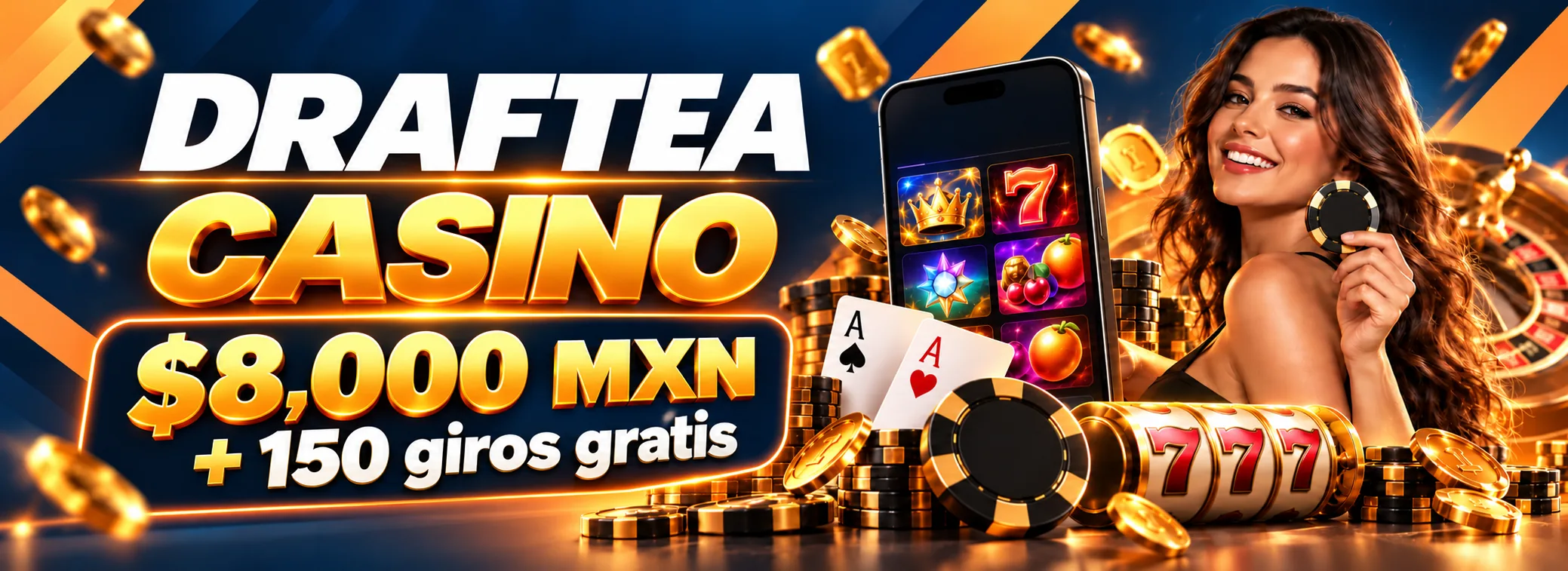 Banner de bienvenida de Draftea Casino México con bono de $8,000 MXN y 150 giros gratis